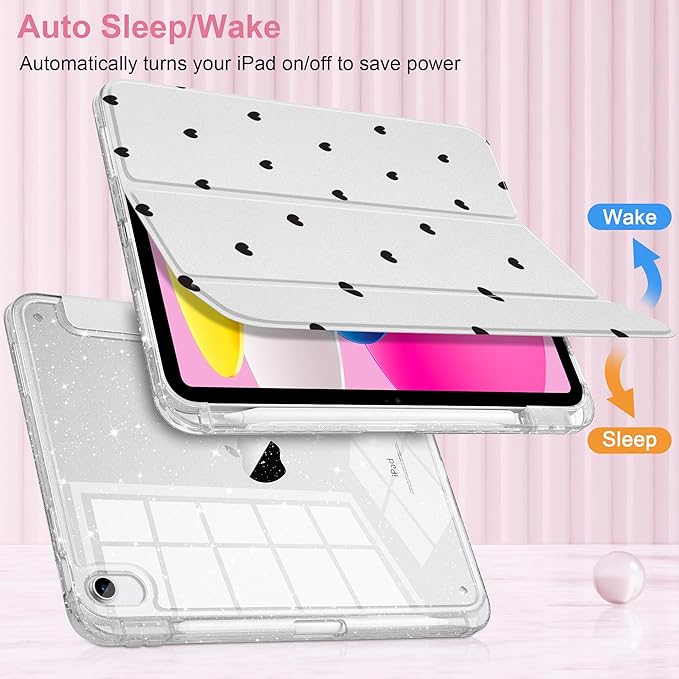 MEEgoodo Case for iPad A16 11th Generation 2025/10th Generation 2022 Glitter Tablet Cases with Transparent Acrylic Back+Trifold Stand +Pencil Holder+Auto Wake/SleepBlack Hearts