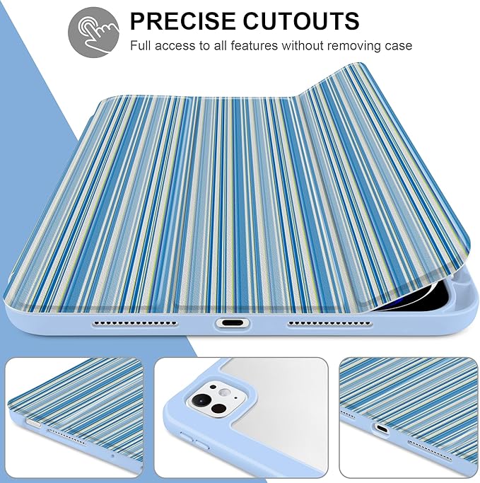 TWOLSKOO Case for iPad Pro 11-inch (M5 2025 / M4 2024) Clear Acrylic Back with TPU Bumper Pencil Holder Trifold Stand Auto Sleep/Wake Blue Stripes