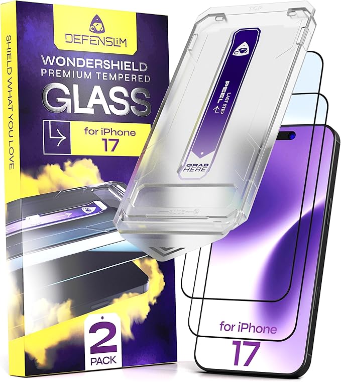 Defenslim for iPhone 17 Screen Protector (2Pack) Easy Auto-Dust &amp Align Install Kit 6.3 Tempered Glass 9H Hardness Ultra HD Clear Case Friendly WonderShield