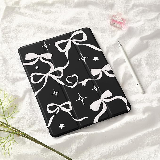 Idocolors Case for iPad 11 inch (A16 Chip) 2025 Generation 11th / iPad 10.9 inch 2022 10th Gen Built-in Pencil Holder with Soft TPU Shockproof Back Shell Auto Wake/Sleep White Ribbon Bow-Black