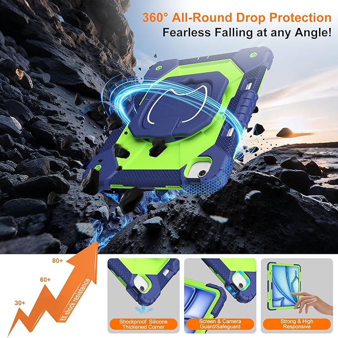 Case for iPad Air 13 Inch Case M4 2026/M3 2025/ M2 2024 Auorld for iPad Air 13 Inch Case M4 2026 Case with Screen Protector 360 Degree Rotating Stand Shoulder Strap Pencil Holder Navy Green