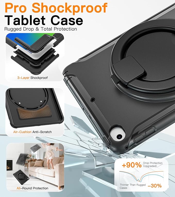 BATYUE Shockproof Case for iPad mini 4/5 (2015/2019) - 360° Multi-Angle Stand (Portrait &amp Landscape) &amp Grip Pencil Holder (Elastic Loop) Multi-Scene for All Ages Black