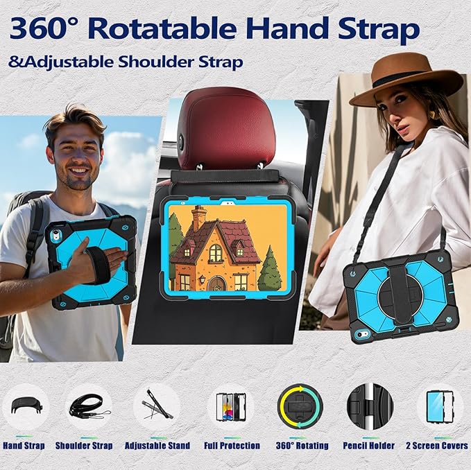 Weuiean Case for iPad A16 11th/10th Generation 11/10.9 Military-Grade Heavy-Duty Shockproof Cover with 360° Rotating Stand Built-in Pencil Holder &amp Adjustable Hand/Shoulder Strap -BrightBlue+B