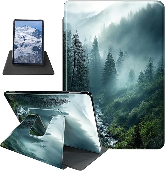Case for Kindle Fire 7 Tablet (12th Generation 2022 Release) Forest in Rain Theme 360 Degree Rotating Stand Protective Cover with Auto Sleep/Wake for Fire 7 2022 Tablet