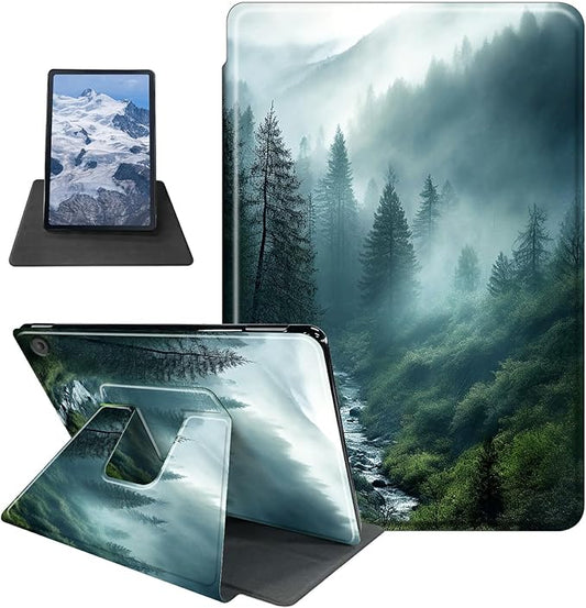 Case for Kindle Fire 7 Tablet (12th Generation 2022 Release) Forest in Rain Theme 360 Degree Rotating Stand Protective Cover with Auto Sleep/Wake for Fire 7 2022 Tablet