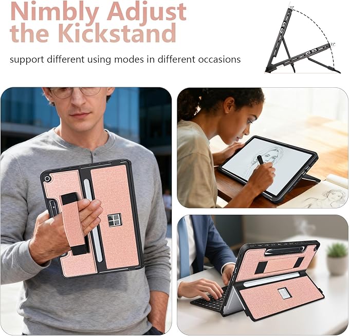 Protective Case for Microsoft Surface Pro 12 inch 2025 | Fall-Resistant Cover with Hand Strap | Compatible with Built-in Kickstand &amp Magnetic Slim Pen Storage &amp Type Cover Keyboard | Pink