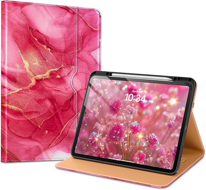 VIKESI Case for iPad Pro 13-inch M5 or M4 Released in 2025 or 2024 Leather Stand Cover with Apple Pencil Holder Auto Wake/Sleep Multiple Viewing Angles Built in Hand Strap &amp PocketRed Marble