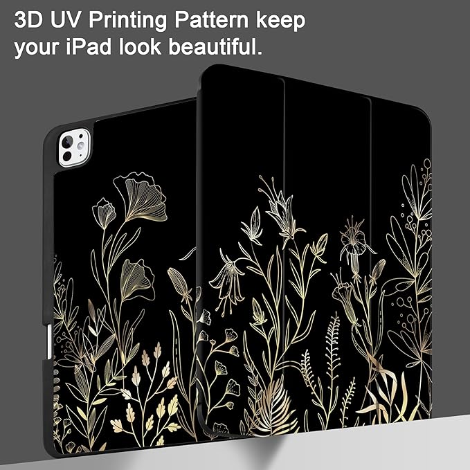 DONGKE Case for iPad Pro 13 inch (M5 2025 / M4 2024) – [Built-in Pencil Holder] Ultra Slim PU Leather Trifold Stand Cover with Soft TPU Back Auto Wake/Sleep - Floral Blooming