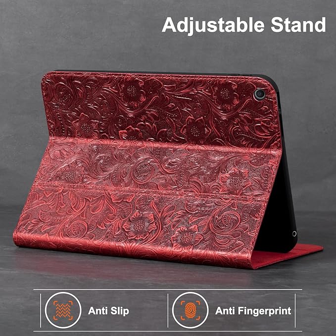 Gexmil Leather Case for iPad 10.2 Inch 9th/8th/7th Gen 2021/2020/2019Premium Cowhide Folio Cover with Auto Wake/SleepAdjustable Stand Anti FingerprintFloral Red