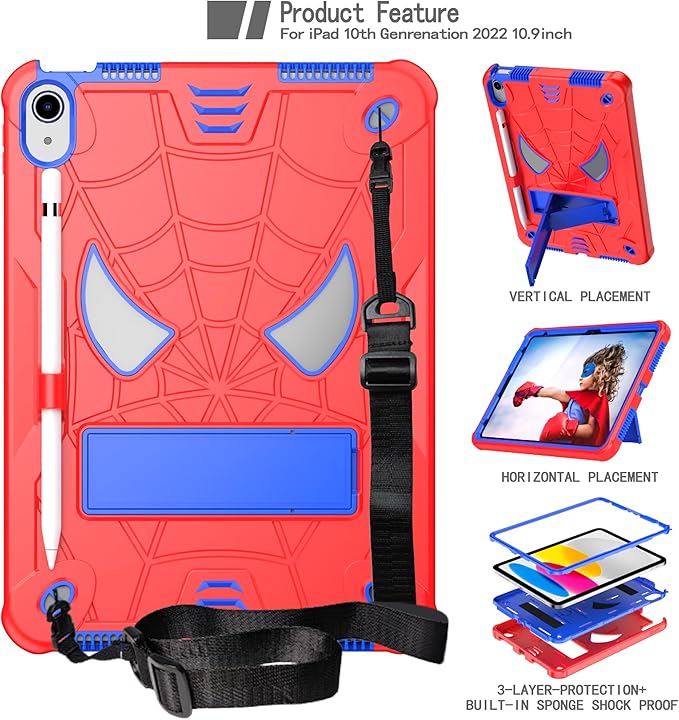 Dteck for iPad A16 Kids Case BoysCute Cartoon Spider Child Friendly Hard Kickstand Cover with Pencil Holder Shoulder Strap Shockproof Rugged Protective 10.9 10 Gen Cool CaseRed/Blue