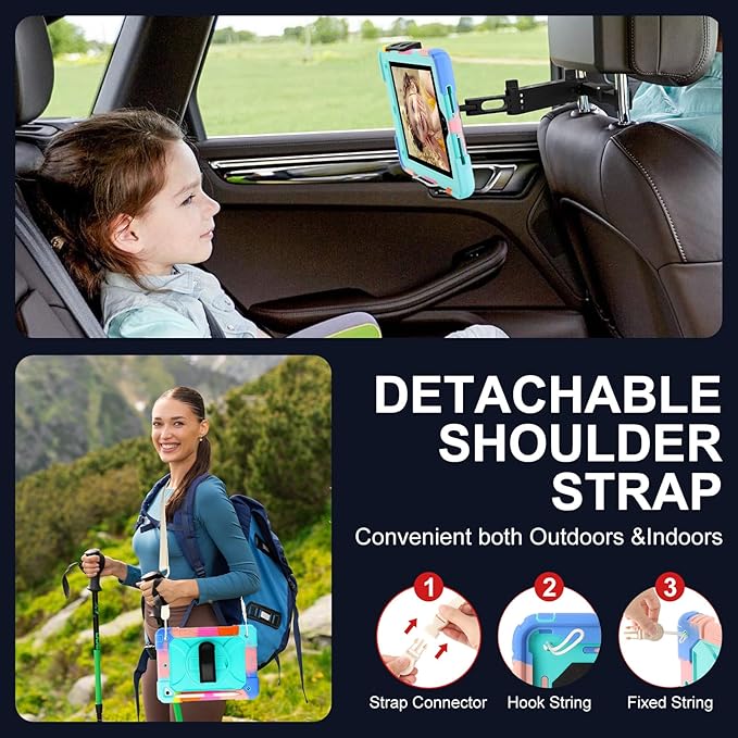 for iPad 6th Generation/iPad 5th Gen/iPad Air 2/iPad Pro 9.7 Case with Cute Key Chain Rugged Protective Case with Rotating Stand &amp Shoulder Hand Strap for iPad 6th/5th/ Air 2 (Rainbow Aqua)