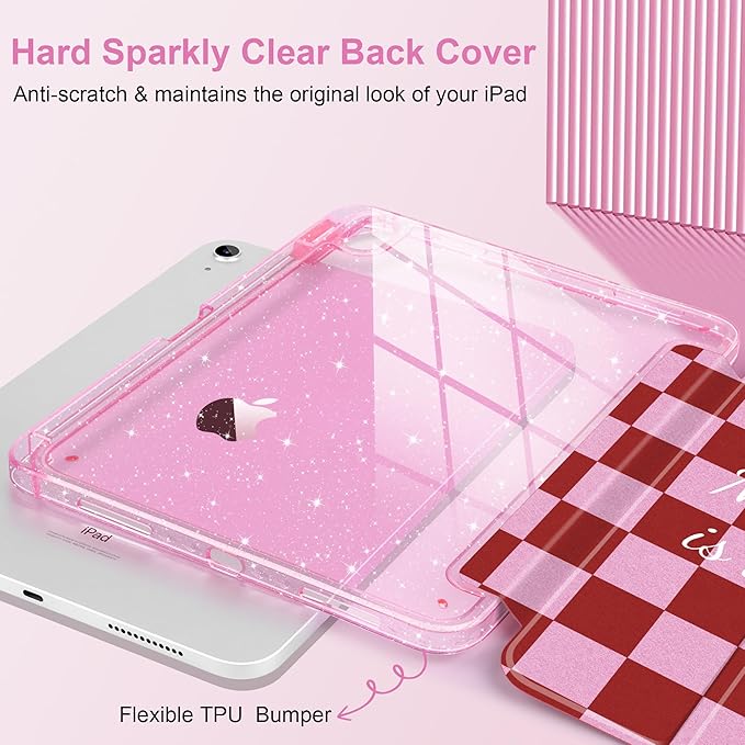 TWOLSKOO Sparkly Case for iPad Pro 11 inch (M5 2025 / M4 2024) Glitter Hard Acrylic Back with Pencil Holder Slim Trifold Stand Folio Cover Auto Sleep/Wake Red Checkerboard