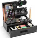 TESLYAR Wood Phone Docking Station with Drawer - Nightstand Organizer - Desk Organizer for Husband - Birthday Gifts for Men Dad Anniversary Idea Key Holder Stand Watch &amp Accessories (Fumed Blac