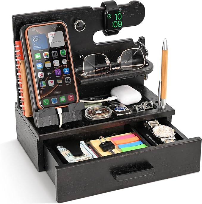 TESLYAR Wood Phone Docking Station with Drawer - Nightstand Organizer - Desk Organizer for Husband - Birthday Gifts for Men Dad Anniversary Idea Key Holder Stand Watch &amp Accessories (Fumed Blac