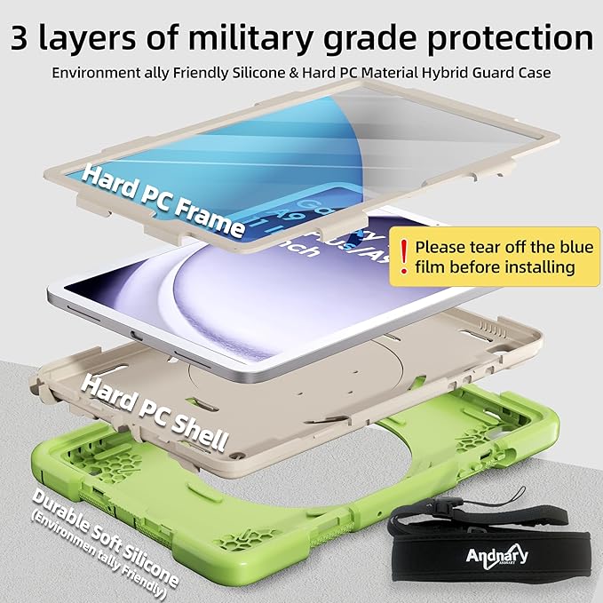 Case for Samsung Galaxy Tab A9+/A9 Plus Case 11 Inch with Screen Protector/360° Rotating Stand/Pen Holder/Shoulder Strap Shockproof Cover for Tablet A9+ 5g (Green)