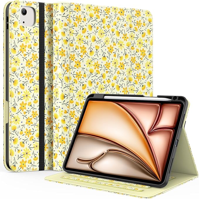 Case for iPad Air 11-inch M3/ M2 (2025/2024) iPad Air 5th/ 4th Generation 10.9'' (2022/2020) iPad Pro 11 (4th/3rd/2nd/1st Gen) Multi-Angle Stand Cover with Pencil Holder Yellow Flower