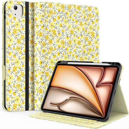 Case for iPad Air 11-inch M3/ M2 (2025/2024) iPad Air 5th/ 4th Generation 10.9'' (2022/2020) iPad Pro 11 (4th/3rd/2nd/1st Gen) Multi-Angle Stand Cover with Pencil Holder Yellow Flower