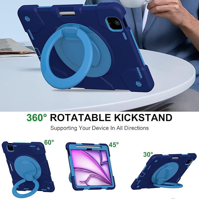 Case for iPad Air 11 inch Case M3 2025/ M2 2024 (Air 7th/6th Generation) Heavy Duty Shockproof Cover with Screen Protector 360° Rotating Stand Pencil Holder Shoulder Strap (Navy+Blue)