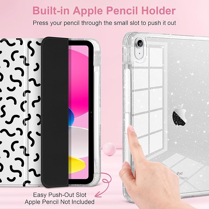 MEEgoodo Case for iPad A16 11th Generation 2025/10th Generation 2022 Glitter Tablet Cases with Transparent Acrylic Back+Trifold Stand +Pencil Holder+Auto Wake/SleepCartoon Line