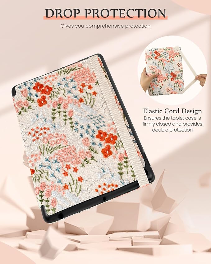 for iPad 9th/8th/7th Generation Case 10.2'' - for Women Girls Cute Embroidered Folio Stand Cover with Pencil Holder &amp Card Slot Girly Floral Flowers Design Aesthetic Cases for iPad 7th/8th/9th