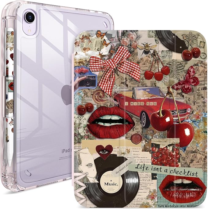 Retro Vintage iPad mini 6/7 8.3'' Case 2021/2024 Model A15/A17 Pro Red Lips Cherry Vinyl Aesthetic Bow Acrylic Back with Pencil Holder Auto Wake/Sleep Girls Protective Cover