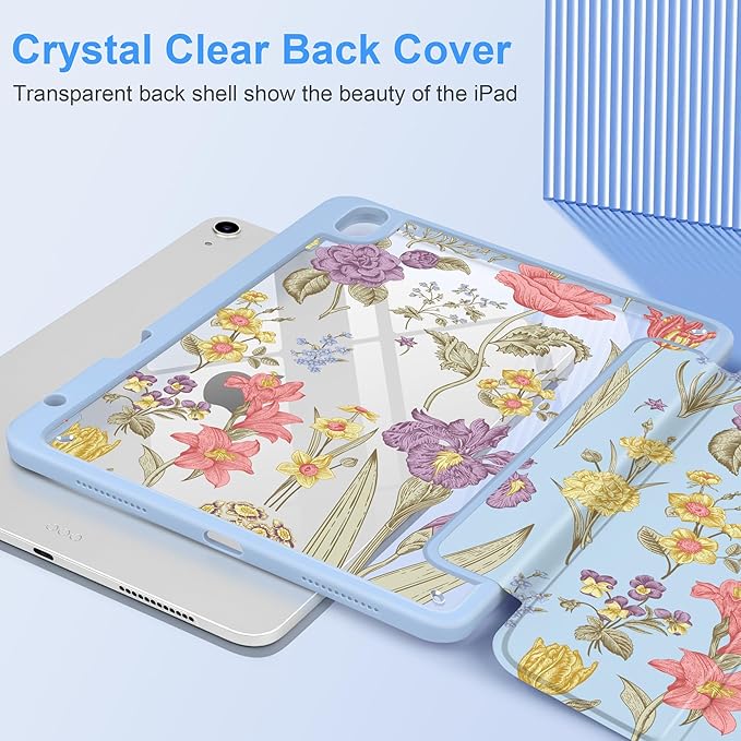 DONGKE Case for iPad Air 11-inch M4 2026 &amp M3 2025 &amp M2 2024 iPad Air 5th/4th Generation 10.9 2022/2020 [Built-in Pencil Holder] Clear Acrylic Back Trifold Stand Smart Cover Blue Botanical