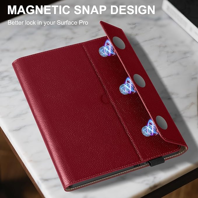 Genuine Leather Case for 13 inch Microsoft Surface Pro 11/10/9 | Slim Protective Cover with Adjustable Stand Auto Wake/Sleep Premium Leather | Wine Red