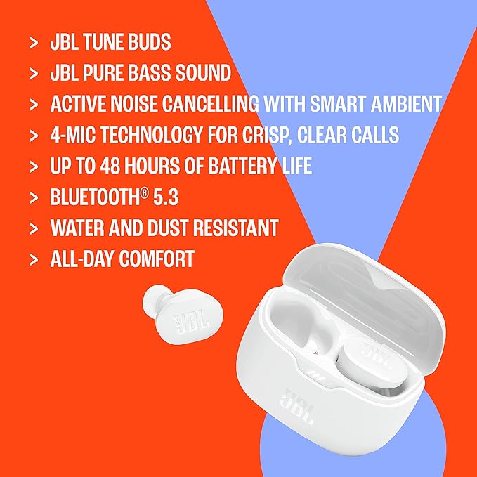 JBL Tune Buds - True wireless Noise Cancelling earbuds JBL Pure Bass Sound Bluetooth 5.3 4-Mic technology for Crisp Clear Calls Up to 48 hours of battery life Water and dust resistant (Black)
