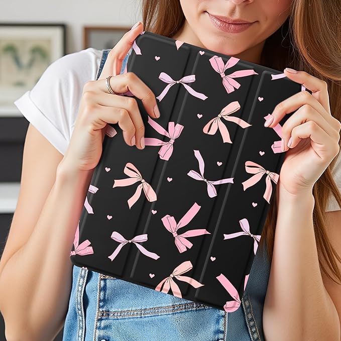 Idocolors Case for iPad 11 inch (A16 Chip) 2025 Generation 11th / iPad 10.9 inch 2022 10th Gen Built-in Pencil Holder with Soft TPU Shockproof Back Shell Auto Wake/Sleep Pink Bows-Black