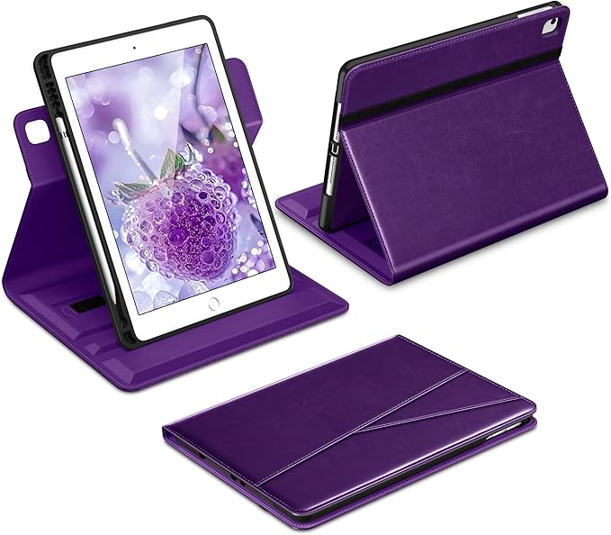 DTTO for iPad 6th / 5th Generation 9.7 Inch (2018/2017) iPad Air 2 / Air 1 Case 360 Degree Rotating Premium Leather Folio Stand Cover with Pencil Holder Dark Purple
