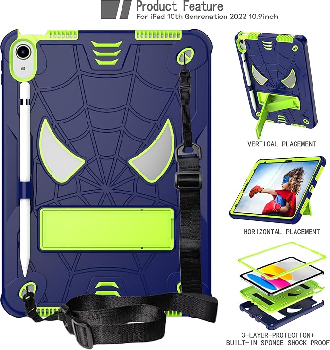 Dteck for iPad A16 Kids Case BoysCute Cartoon Spider Child Friendly Hard Kickstand Cover with Pencil Holder Shoulder Strap Shockproof Rugged Protective 10.9 10 Gen Cool CaseNavy/Green