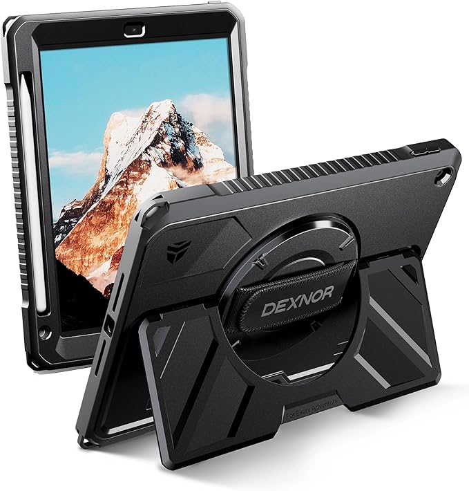 Dexnor Case for iPad 9th/8th/7th Generation 10.2 inch Rugged Protective Case with 360° Rotating Hand Strap &amp Large Stand &amp Screen Protector &amp Pencil Holder Shockproof Full-Body Bumper Cov
