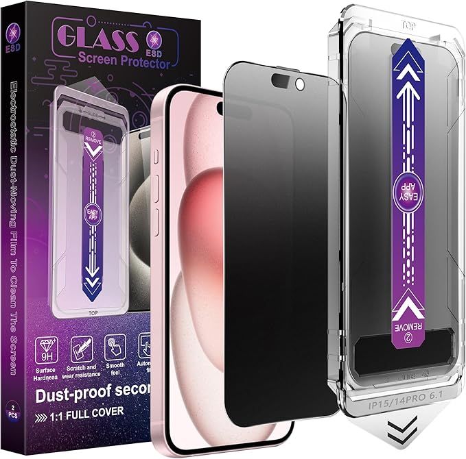 2 Pack Matte Privacy Screen Protector for iPhone 14 Pro/iPhone 15 / iPhone 16 9H Tempered Glass Full Coverage Anti-Fingerprint Auto Dust-Elimination No Bubble Easy Installation