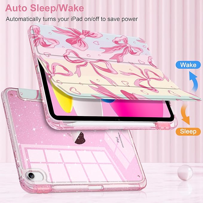 MEEgoodo Case for iPad A16 11th Generation 2025/10th Generation 2022 Glitter Tablet Cases with Transparent Acrylic Back+Trifold Stand +Pencil Holder+Auto Wake/SleepPink Bow &amp Rainbow Striped