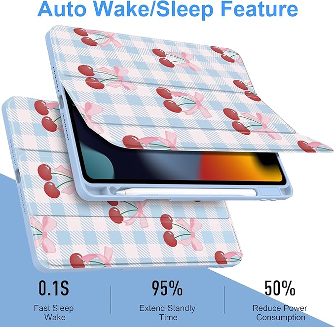 DONGKE for iPad 9th/8th/7th Generation Case 10.2 Inch (2021/2020/2019) [Auto Sleep/Wake &amp Pencil Holder] Clear Acrylic Back Trifold Stand Cover Blue Cherry