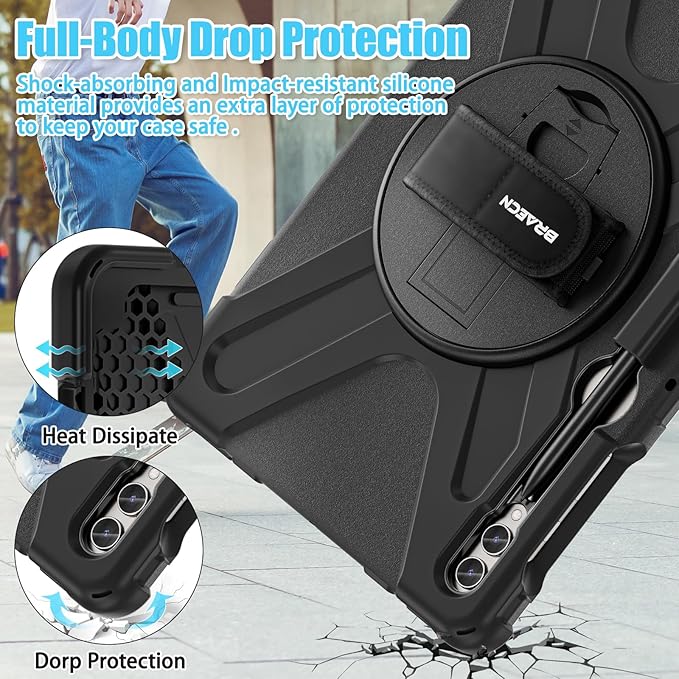 BRAECNstock for Samsung Galaxy Tab S10+ Plus/ S9 FE+ Plus/ S9+ Plus/ S8+ Plus/ S7 FE/ S7+ Plus 5G Tablet Case 12.4 inch Shockproof Protective Case with Pen Holder Rotating Stand &amp Hand Strap - Bla