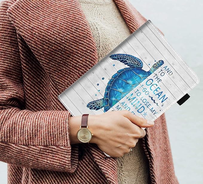 Case for Kindle Fire HD 10/Fire HD 10 Plus Tablet (11th Gen 2021 Released) - Funny Words with Blue Sea Turtle on Rustic Wooden Board Design Slim PU Leather Cover with Auto Sleep Wake