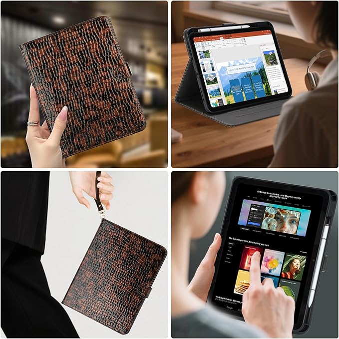 Elegant Case for Samsung Galaxy Tab A9 Plus 11 Inch 2023（Model: SM-X210/X216/X218） Premium Leather Crocodile Cover | Stand | Card Pockets| Wrist Strap| S Pen Holder (Brown+Gold)