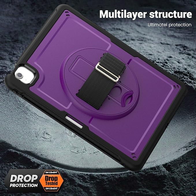 Batianda Case for iPad Air 13-inch 2025 M3 2024 M2 Chip Multilayered Rugged Durable Shockproof Tablet Cover with 360° Rotating Hand Strap Foldable Hidden Stand Purple