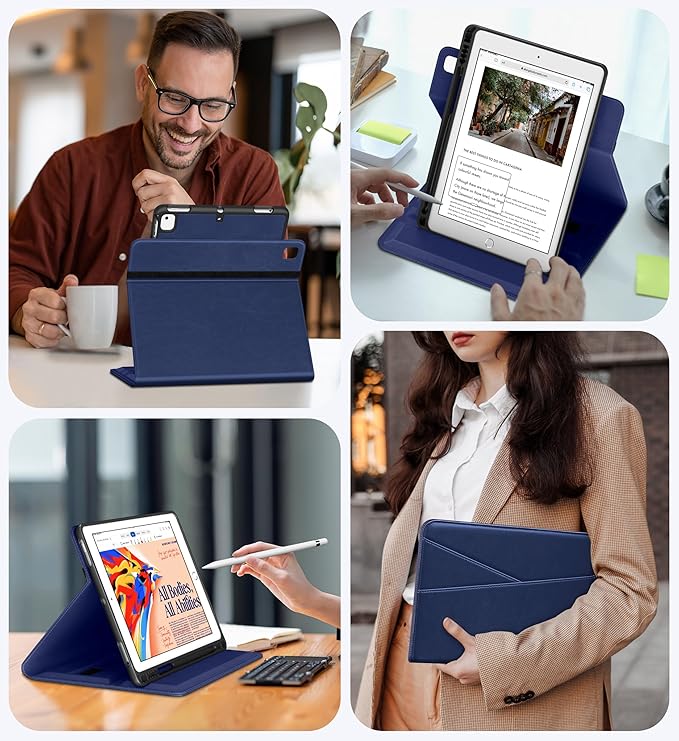 DTTO for iPad 6th / 5th Generation 9.7 Inch (2018/2017) iPad Air 2 / Air 1 Case 360 Degree Rotating Premium Leather Folio Stand Cover with Pencil Holder Navy Blue
