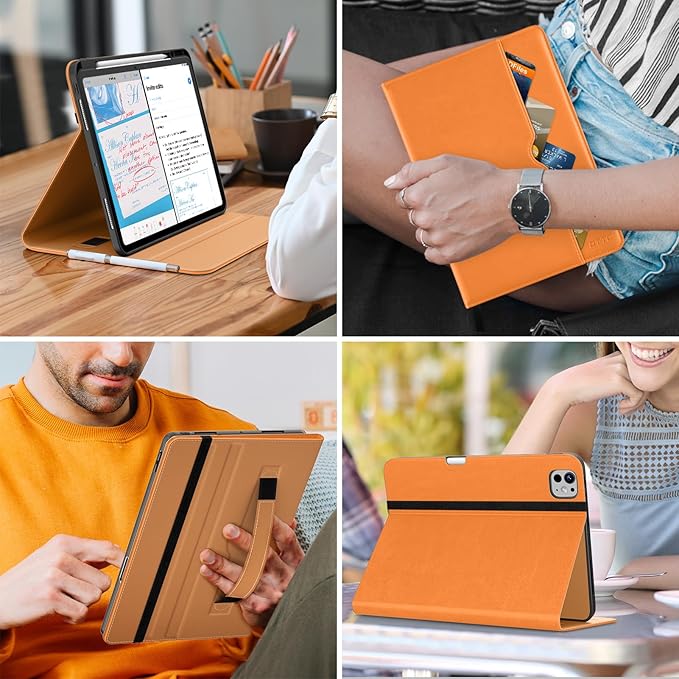 DTTO for iPad Pro 13 inch Case (M5/M4) 2025/2024 Premium Leather Business Folio Stand Cover with Pencil Holder - Auto Wake/Sleep &amp Multiple Viewing Angles Built in Hand Strap &amp Pocket Orang