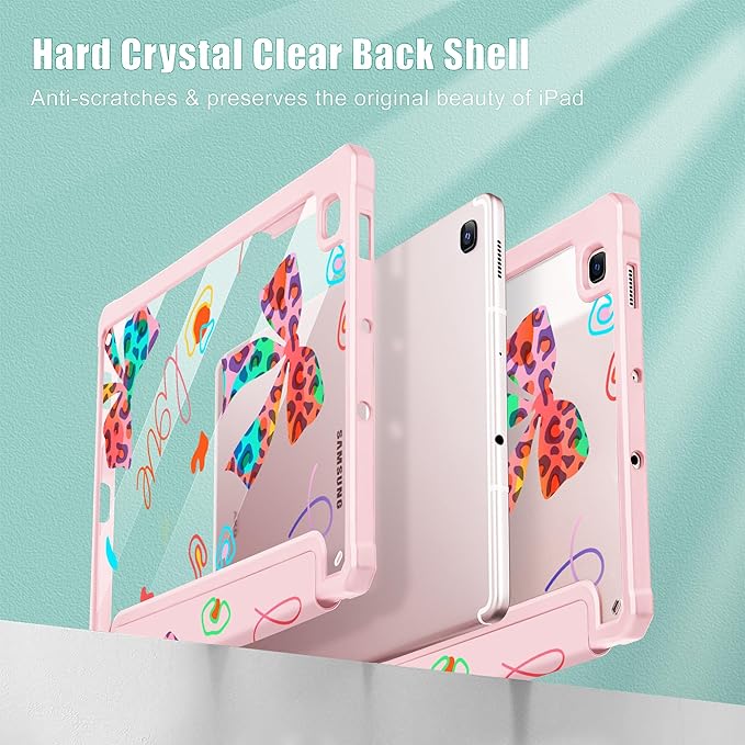 Mektron Case for Samsung Galaxy Tab S6 Lite 10.4 Inch 2024/2022/2020 with S Pen Holder Multi-Angle Viewing with Shockproof Cover Clear Shell + Trifold Stand + Auto Wake/Sleep Neon Bows-Pink