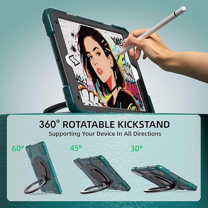 Case for iPad 9th/8th/7th Generation 10.2 inch Shockproof Cover with Screen Protector/360° Rotate Stand/Pencil Holder/Shoulder Strap Kids Case for iPad 2021/2020/2019 (Dark Green+Black)