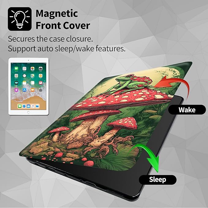 Case for Samsung Galaxy Tab S8 Plus 2022/S7 FE 2021/S7 Plus 2020 12.4 Inch Frog On Mushroom Theme 360 Degree Rotating Stand Smart Protective Cover for Samsung S7 FE Tablet