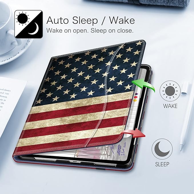 Fintie Folio Case for iPad Pro 12.9 6th Generation 2022 Multi-Angle Smart Stand Cover w/Pencil Holder &amp Pocket Also Fit iPad Pro 12.9 2021 5th &amp 2020 4th &amp 2018 3rd Gen US Flag