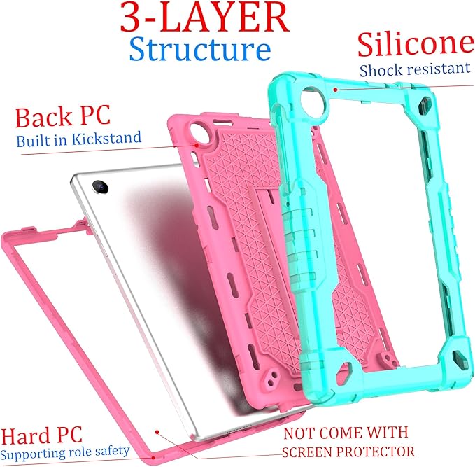 for TCL Tab 8 V/TCL AT&ampT Tab 8 SE (6048E) Tablet Case with Screen ProtectorSoft Silicone Rubber Heavy Duty Hybrid Had Back Shell Protection Build in Kickstand (Green/Pink/1 PC)