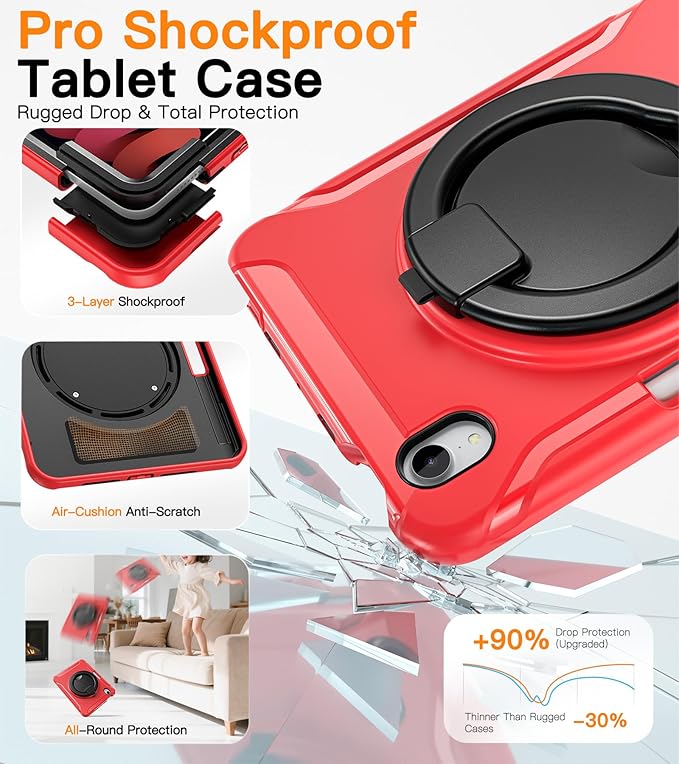 BATYUE Shockproof Case for iPad mini 7 (A17 Pro)/ Mini 6 8.3 inch (2024/2021) - 360° Multi-Angle Stand (Portrait &amp Landscape) &amp Grip Built-in Pencil Holder Red