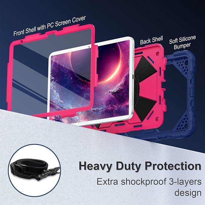 Case for iPad (A16) 11th Generation 11 Inch (2025) / iPad 10th Generation Case 10.9 Inch (2022) with 360° Rotating Stand Screen Protector Pen Holder Shoulder Strap Navy Pink