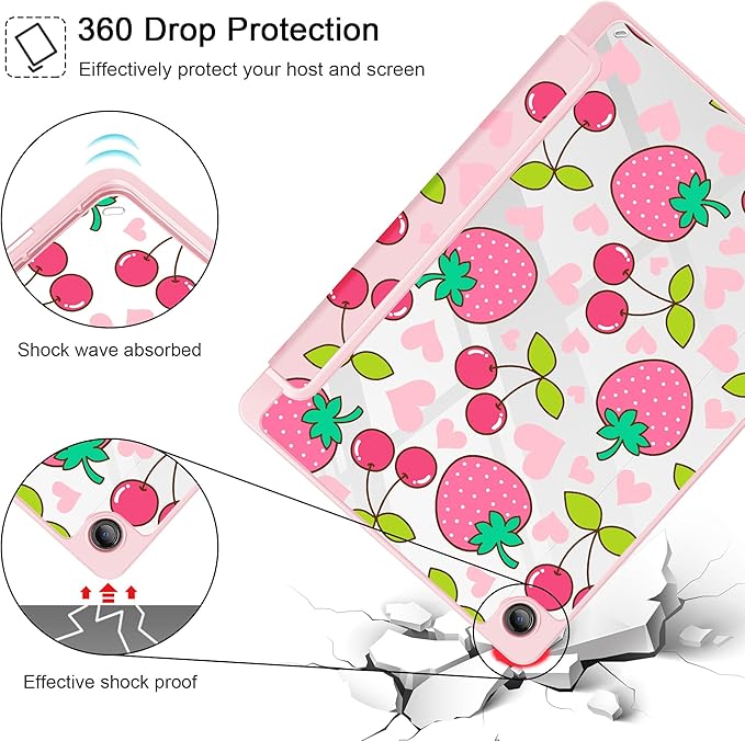 Tuiklol for Samsung Galaxy Tab A9+ Tablet 11” / A9+ Plus 2024 2023Buit-in S-Pen Holder with Clear Protective Cover Transparent Back Shell Auto Wake/Sleep Samsung Tab A9 Plus CoverStrawberry &amp ch