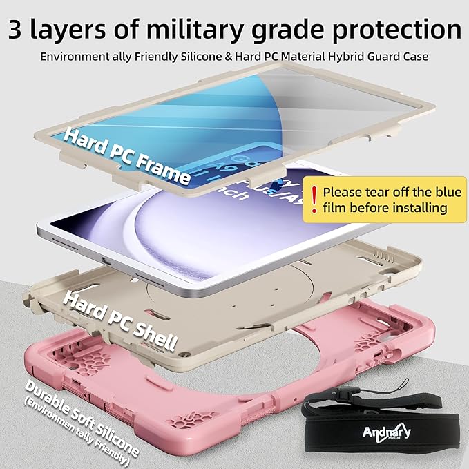 Case for Samsung Galaxy Tab A9+/A9 Plus Case 11 Inch with Screen Protector/360° Rotating Stand/Pen Holder/Shoulder Strap Shockproof Cover for Tablet A9+ 5g (Pink)